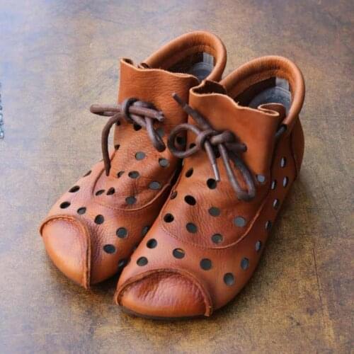 Ankle Boots For Women Shoes Summer Sandals Genuine Leather 2021 New Round Toe Sewing Lace-up Handmade Retro Leisure
