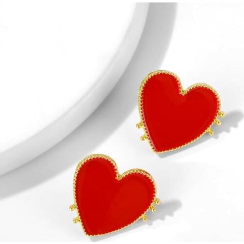 EN Romantic Design Sweet Gold Red Heart Shape Earrings Statement For Women Metal Stud Earring Jewelry Gift New