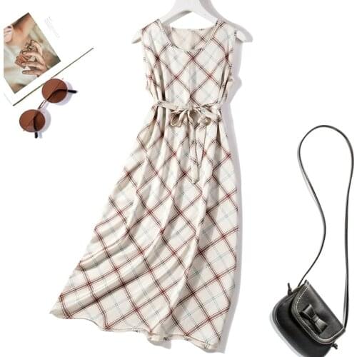 Womens 100% Mulberry Silk crew neck checks print Sexy sleeveless Long Dress M L XL JN689