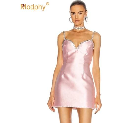 Free Shipping 2021 New Pink Elegant Womens Dress Sexy Sleeveless Diamond Slim Celebrity Evening Party Running Mini Vestidos