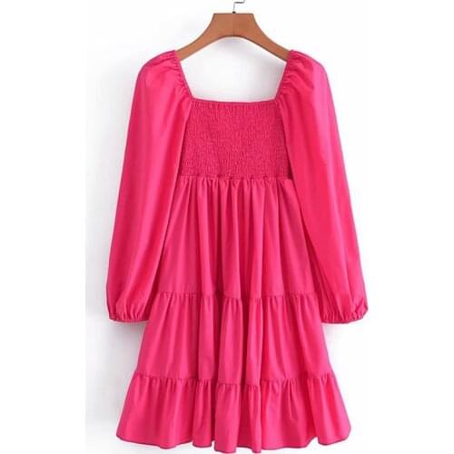 YENKYE Summer Women Sexy Square Neck Puff Sleeve Rose Red Dress Sweet Ladies Holiday Party Mini Vestido
