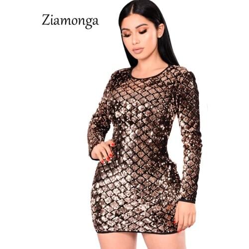Ziamonga Bodycon Dress Autumn Women 2019 Sexy Long Sleeve Plaid Sequin Bottom Dress Party Night Bandage Dresses Vestido Curto