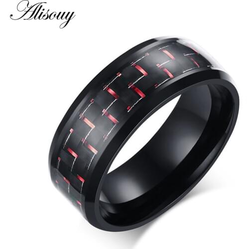 1 pc hot Fashion ring 316L Stainless Steel Women Mens Carbon Fiber Inlaid Center Band Ring Size 7-12 Blue Yellow Red 3 colors