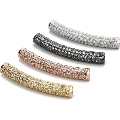 2pcs 4*31mm Bent Tubular Copper Beads Gold Color Pave CZ Loose Spacer Charms Beads for DIY Jewelry Finding