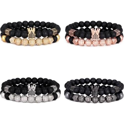 2pcs/lot 8mm crown gold silver copper cz zircon cubic zirconia beads bohemian Bracelet agate Onyx Stone Bangles dg324