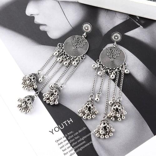 Bollywood Oxidized Jewellery Ethnic Silver Color Afghan Long Tassel Beaded Drop Flower Jhumka Nepal Gypsy Wedding Jewelry