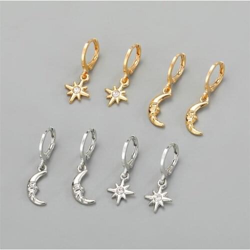 GEOMEE 1Pair European Simple Zircon Star Moon Hoop Huggie Earrings For Women Cute Endless Circle Small Stud Earrings Jewelry