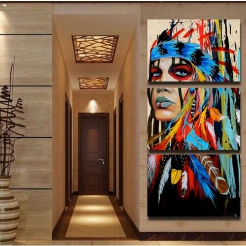 Pure Hand pianted Beauty Indian Girl Feather Woman Portrait Wall Art Canvas Painting for Living Room Home Decor Drop shipping