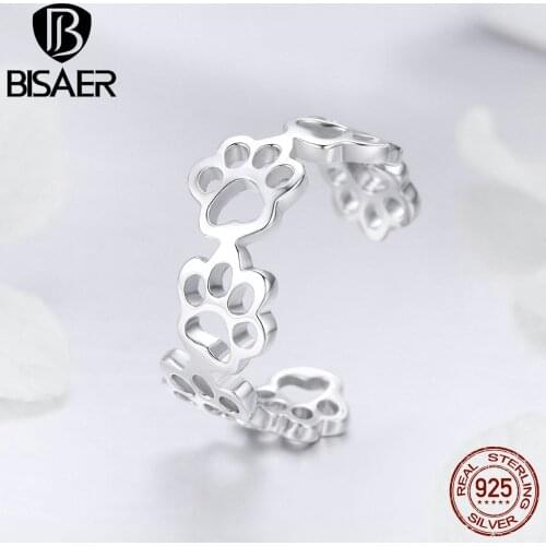 BISAER 925 Sterling Silver Animal Footprints Rings Cat Dog Footprints Finger Adjustable Ring for Women 925 Jewelry Anel ECR424