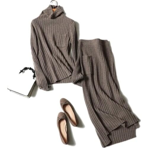 Autumn winter ribbed knitted 100% cashmere two peice set turtleneck sweaters plus cozy skirt