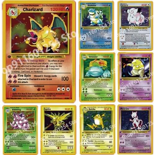 Pokemon DIY 11PCS Cards Charizard Ninetales Mewtwo Pikachu Zapdos Blastoise HP Mew Vulpix Generation Flash Card Collectible Toys