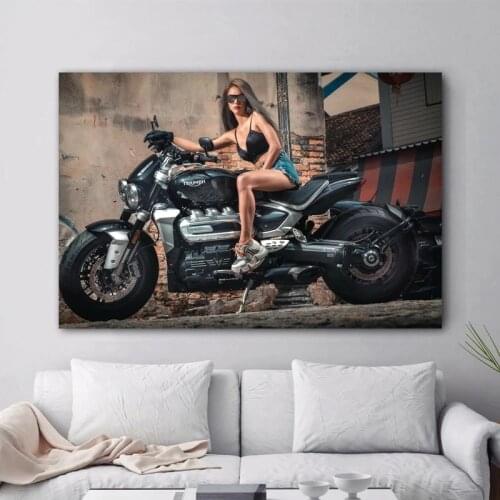 Sexy Shorts Girl Sitting On Motorcycle Canvas Painting Posters and Prints Wall Art Picture for Living Room Home Decor Cuadros