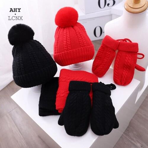 Baby Boy Hat Cute Pompom Baby Hats Beanie Autumn Winter Warm Knitted Children Girls Hat Scarf Gloves Set Solid Hairball Elastic