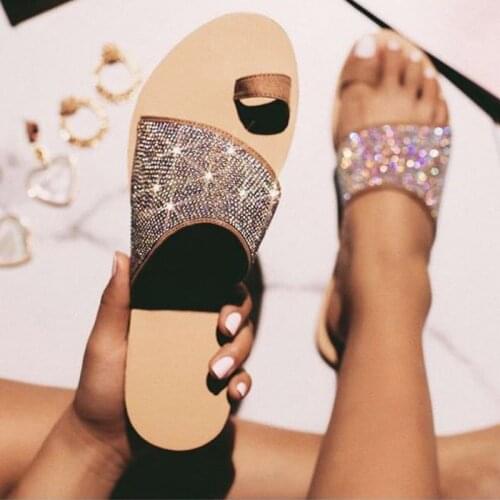 Womens Fashion Sequin Slides Outside Ladies Casual Rhinestone Slippers Summer New Flat Home Slippers Shoes