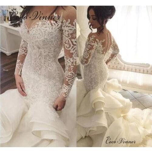 African Ruched Ruffles Mermaid Wedding Dresses New Long sleeve Illusion Lace Appliques Brdal Gown Wedding Dresses W0422