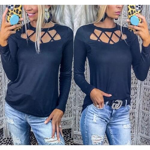 Fall/Winter New WomenS T-Shirt Top Featuring Hollow O-Neck Casual Solid Color Long-Sleeved Top Shirt