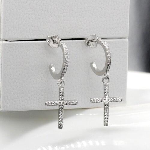 925 Sterling Silver Stud Earrings Punk Cross Earrings with Clear Zircon Rock Style for Women Wedding Engagement Party Jewelry