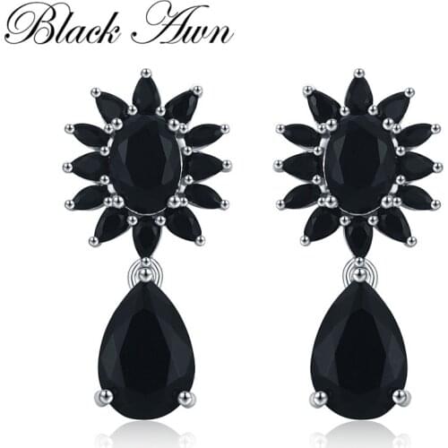 Cute Boucle D'Oreille Femme 2019 Flower 925 Sterling Silver Black Spinel Engagement Earrings for Women Fine Jewelry Bijoux I066