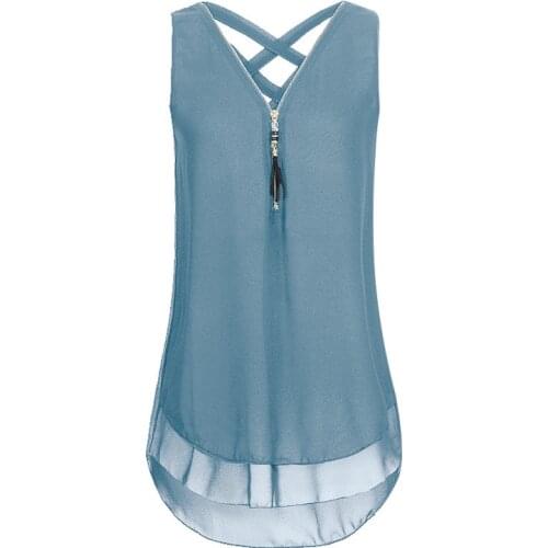 2022 New V-neck Sleeveless Zipper Vest Beach Casual Beauty Cross Band Wide Loose Lengthened Women Chiffon Shirt Vest