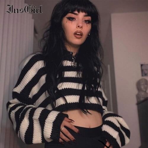 InsGirl Vintage Gothic Sweater Women Black White Striped Long Sleeve O-neck Loose Short Pullover Dark Black Punk Y2k Sweater