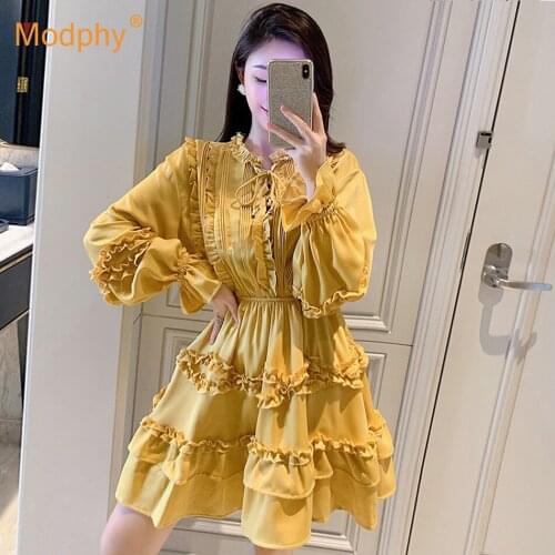 Free Shipping 2021 Spring New Elegant Dress Women Long Sleeve Ruffle High Waist Mini Dresses Female Party Vacation Clothing