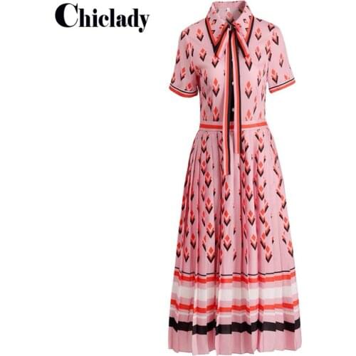 CHICLADY Summer Runway Celebrity Shirt Dress Women Striped Bow Tie Collar Short Sleeve Geometry Print Midi Pleated Dresses robe