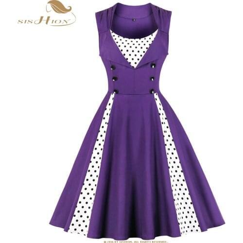 SISHION 50s Vintage Patchwork Sleeveless Cotton Women Dress Purple Polka Dot A Line Swing Plus Size Dresses S-5XL SP1179