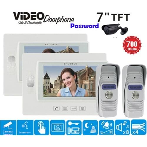 ZHUDELE Home Security 7"Luxury Vide Door Phone Intercom System Support CCTV Camera,HD IR IP56 700TVL Outdoor Unit In Stock 2V2