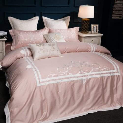100% Egyptian Cotton Embroidered Luxury Royal Bedding Set 4/6Pcs King Queen Duvet Cover Bed Sheet set Decorative Pillowcase pink