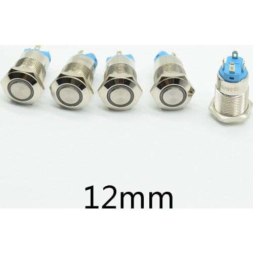 12mm 12V 24V 220V Self-locking Latching push button switch locked flat head fixed Push Button waterproof LED metal switch