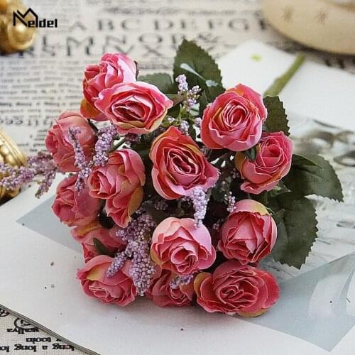 15 Heads Fabric Artificial Roses Flowers Bouquet Flannelette Roses Flores Wedding Home Table Photography Soft Decor Faux Floral