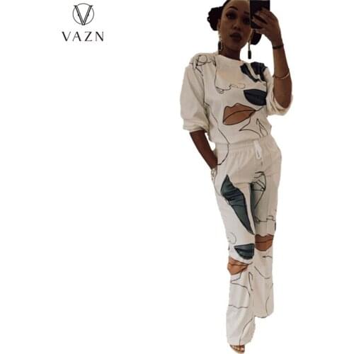 VAZN 2021 Autumn High-end Sweet Young Overalls Free Full Sleeve Top Long Wide Leg Pants Lady 2 Piece Set