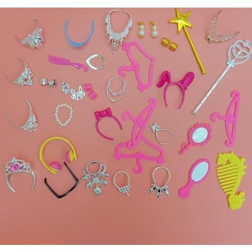 38pcs/Set Barbi Doll Accessories Simulation Jewelry Necklace Crown Earrings Pink GXMB