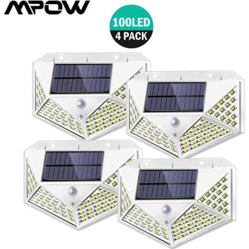 4Pcs/lot New Outdoor Solar Lights Mpow 100 Leds Garden Motion Sensor Light Upgrade Wide Angle Wireless Waterproof Wall Lights