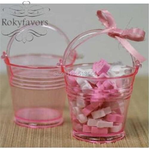 FREE SHIPPING 24PCS Clear Pink Mini Bucket Baby Shower Candy Holder Favors Sweet Pails Kids Party Ideas Birthday Party Gifts
