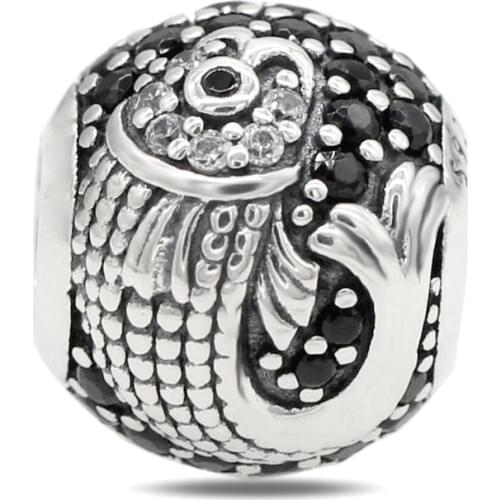 925 Sterling Silver Sea Fish Charm Black CZ Beads Fit Original Pandora Charm Bracelets & Necklace DIY Jewelry Making