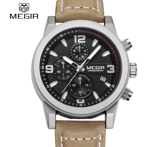 Megir New Fashion Men Quartz Watches High End Genuine Leather Calendar Waterproof Male Sport Watch Chronograph relogio masculino