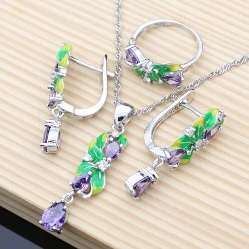 Purple Amethyst Silver 925 Jewelry Sets Charm Enamel Drop Earrings Women Handmade Decoration Luxury Jewellry