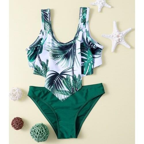 2021 Summer New European and American fashion leaf print childrens swimsuit womens bikini crisp lotus leaf side girl swimwear
