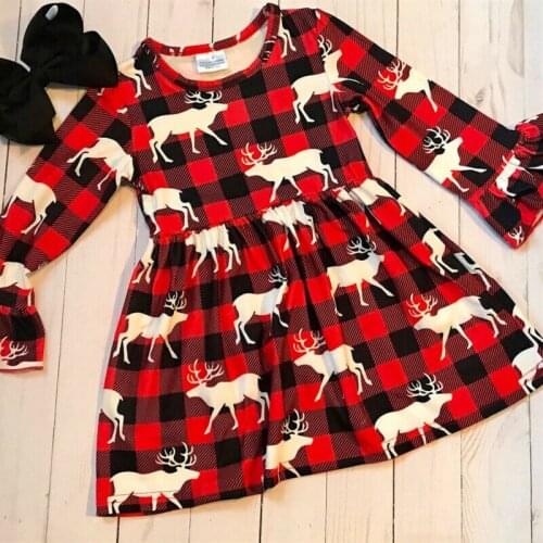 New Hot Sweet Kids Baby Girl Christmas Deer Print Dress Fashion Girls Long Sleeve Checked Plaid Princess Party Deer Tutu Dresses