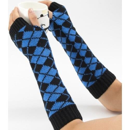 Ladies Autumn / Winter Knitted Warm Half Finger Gloves Wool Mixed Color Rhombic Fingerless Gloves 110