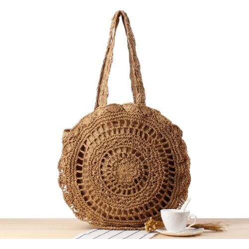 Handmade Simple Hollow Circle Shoulder Straw Crochet Woven Beach Large Capacity Summer Bag