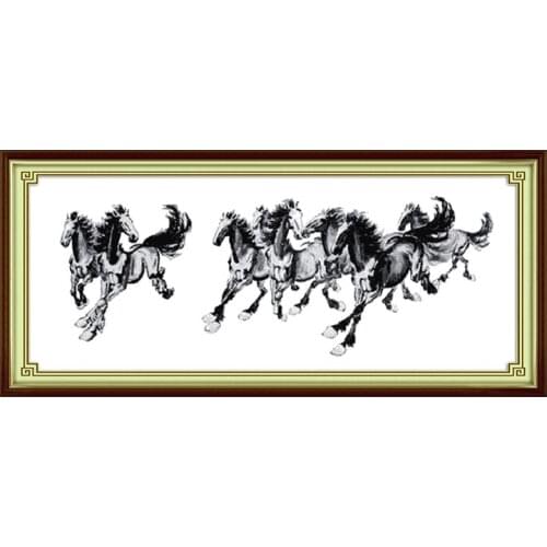 Joy Sunday Animal Pattern Eight Horses Figure Printed Canvas Cross Stitch DMC 14CT Count Cross Stitch Embroidery Set Thread