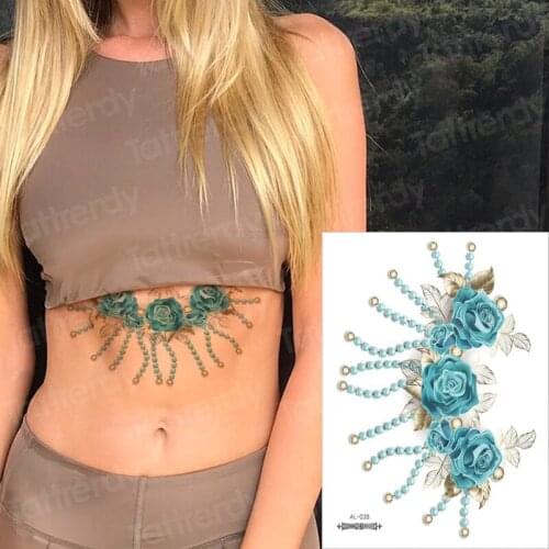 Sexy temporary tattoo rose diamond jewels lace tatoos blue purple flower tattoo sticker women beach under breast sticker bikini