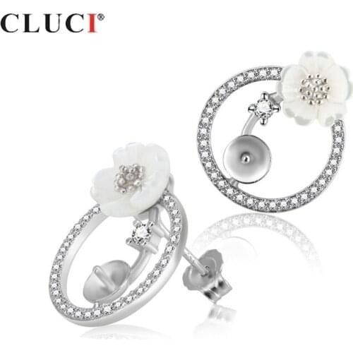 CLUCI Silver 925 Flower Earrings Jewelry Zircon Pearl Mounting 925 Sterling Silver Stud Earring for Women Anniversary SE064SB