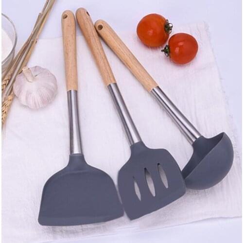 Silicone Kitchen Tools Cooking Set Soup Spoon Spatula Non-stick Shovel with Wooden Handle Special Heat-resistant Design