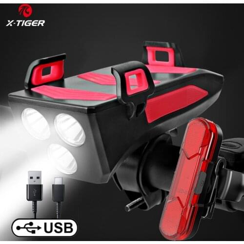 X-TIGER Bicycle Light Multi-function USB Rechargeable LED Bike Head Lamp Bike Horn Phone Holder Powerbank 4 in 1 Cycling Light