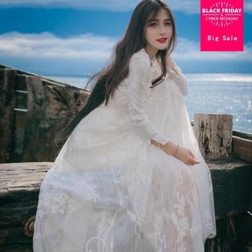 2020 spring and summer women new fashion brand flower embroidery retro white dress high waist was thin A word dress wj1876