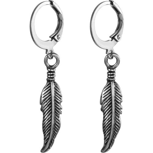 Boniskiss 2021 Vintage Korean Leaf Feather Pendant Drop Earrings Silver Color Stainless Steel Earrings Wholesale Ear Jewelry