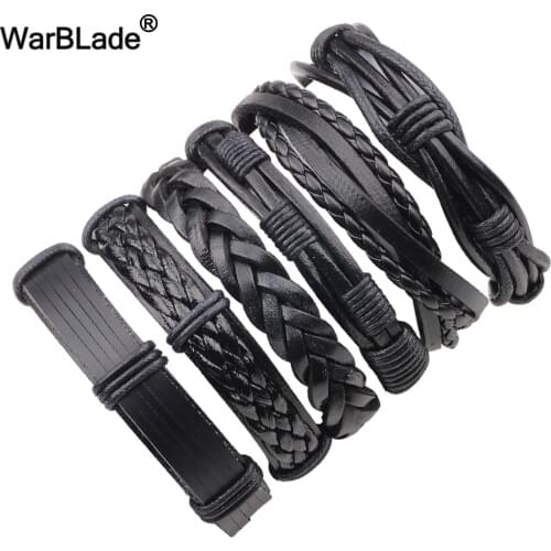 WarBLade 6pcs/Set Black Genuine Leather Men Bracelet Vintage Charm Braided Bracelets Bangle Punk Wrap Wristband For Male Jewelry